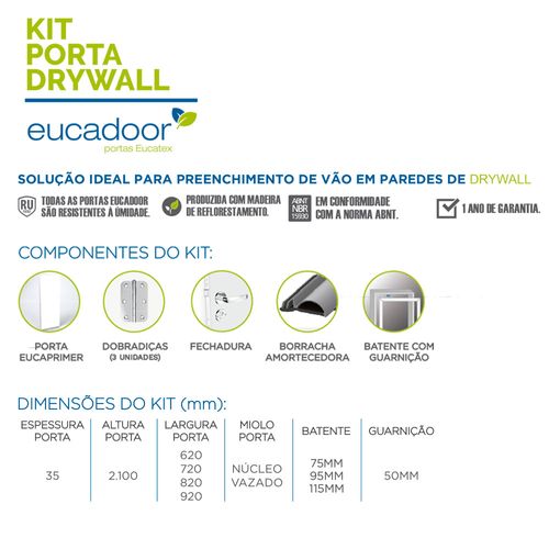 Kit Porta Eucaprimer Batente Dir 115 Primed Drywall